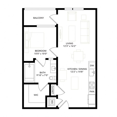 Floor plan for 1 bed, 1 bath, 694 sqft